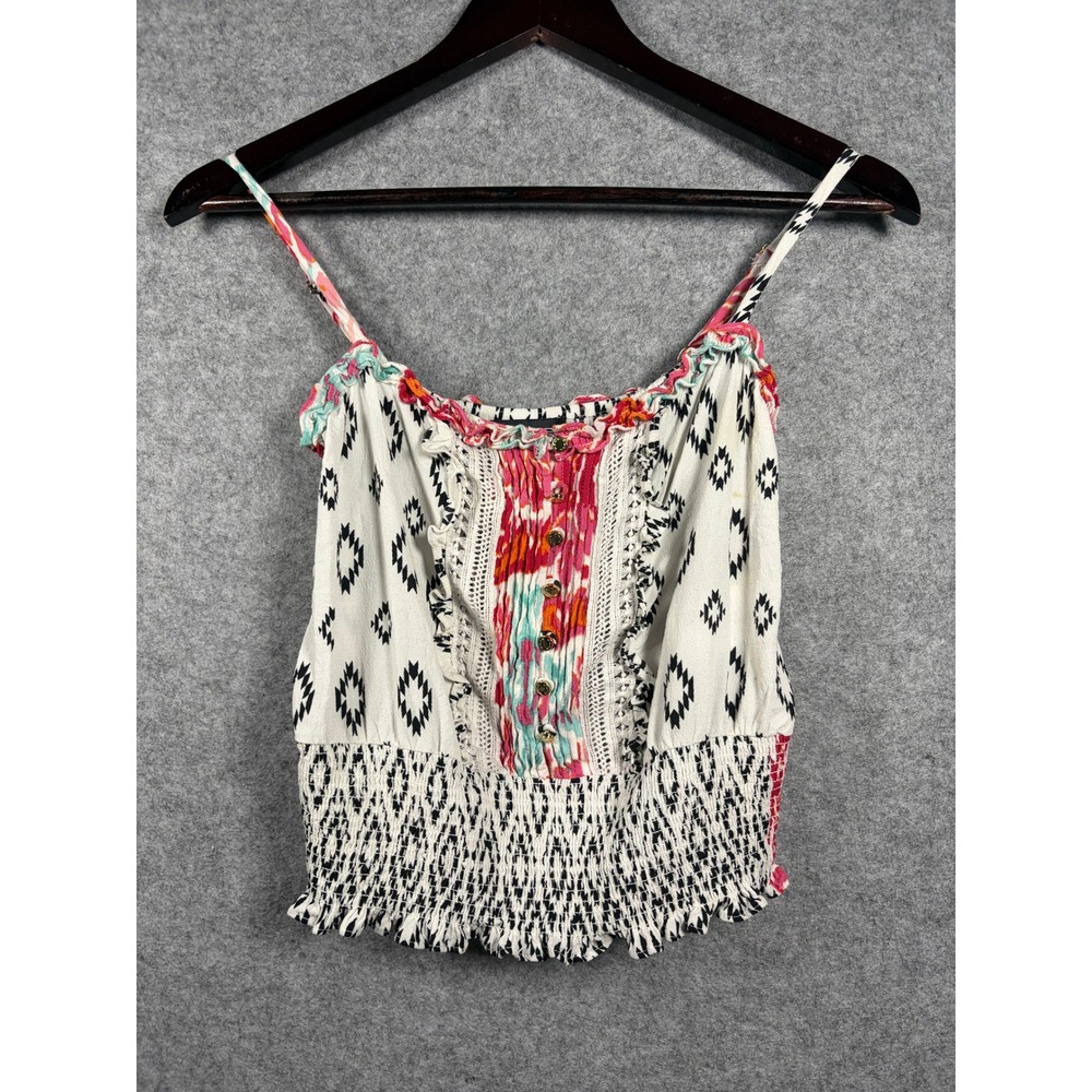 Bebe‎ Womens XXS Boho Mixed Print Smocked Waist Ruffle Camisole Top Multicolor